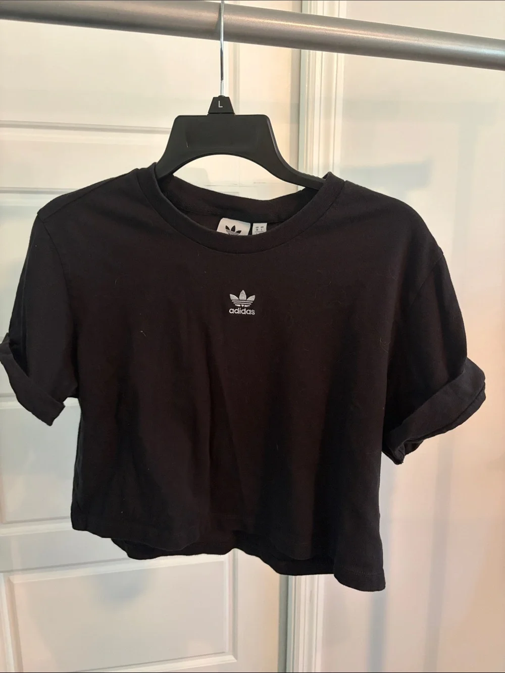 adidas Black Cropped Crew T-Shirt with Trefoil
